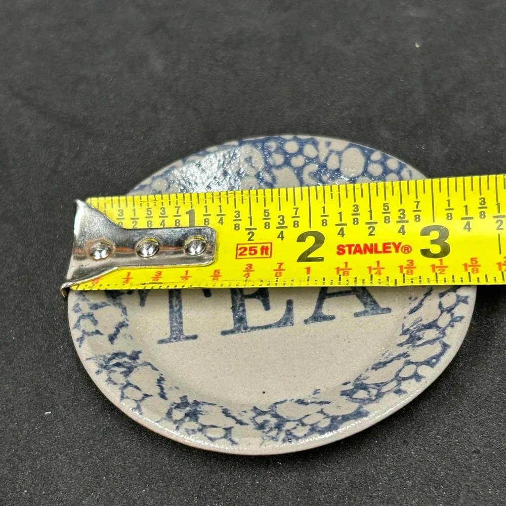 Blue Spongeware Ceramic Tea Bag Rest Salt Glazed Trinket Dish Rustic Farmhouse